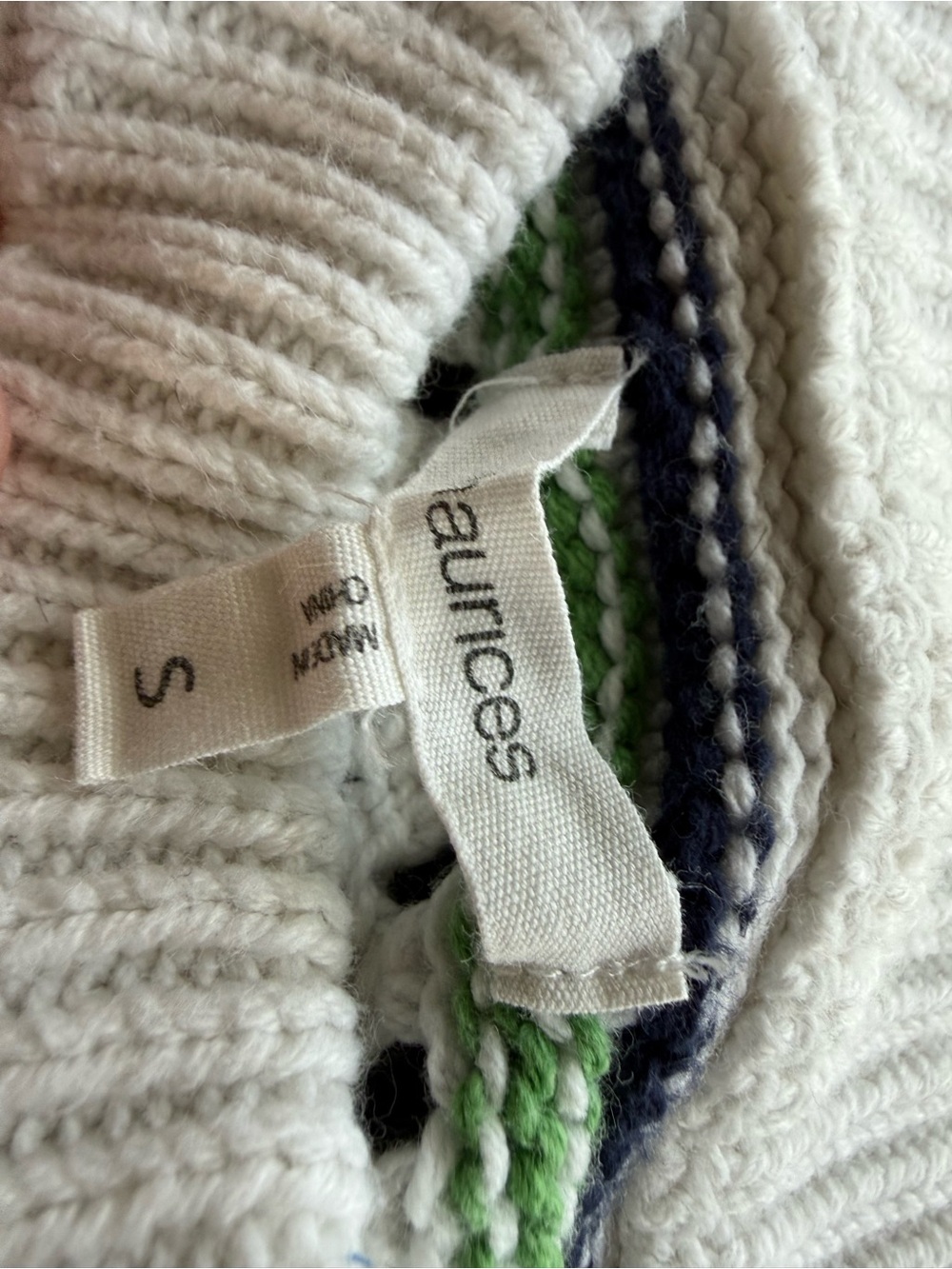 Maurices Cream Knit Sweater with Green and Navy Trim